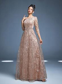 Mgiacy New Arrival Round Neck Evening Gown Dress Sequin Contrast Lace Belt Mgiacy-Classy A-Line Dress