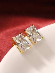 一对时尚立方氧化锆耳钉，女士婚礼订婚周年纪念派对珠宝情人节礼物 - 金黃色 - 查看 6