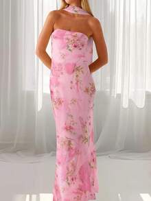 Women Y2k Floral Strapless Maxi Dress Boho Off Shoulder Sleeveless Bodycon Long Dress Summer Backless Tulle Tube Dress With Scarf - 粉色 - 查看 2