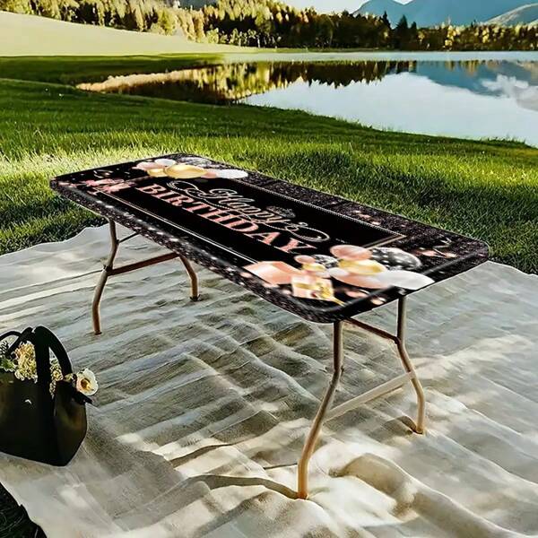 1pc Elastic Edge Design, Lightweight And Washable, Popular Black Gold Birthday Theme Party Balloon Gift Box Print Tablecloth Table Cover, Suitable For Daily Family Gatherings, Birthday Theme Parties, Indoor/Outdoor Use