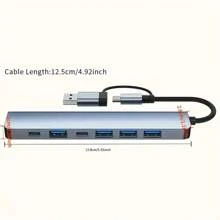 7-In-1 USB HUB With USB-C/USB3.0 Dual Interface, USB Splitter With 1 USB 3.0, 4 USB 2.0 And 2 USB-C Ports, For Electronics/PCs/Laptops And Accessories/Peripherals, Aluminum Alloy Body