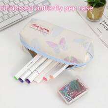 1pc Embossed Butterfly Large Capacity Pen Bag, High-Quality Large Capacity Cosmetic Bag, Smooth Metal Zipper, Suitable For Storing Stationery, Cosmetic Tools, Back To School Essential,Pencil Case,Pencil Pouch,School Bag