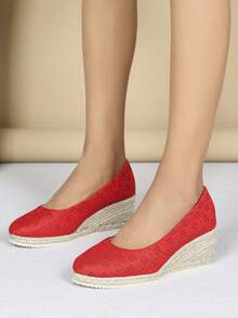 Zapatos de cuña de moda 2025, versátiles de punta redonda, estilo europeo y americano, zapatos de lino de tacón alto para mujer, cómodos y casuales para vacaciones, adecuados para todas las estaciones - Rouge Casaque - Ver 4