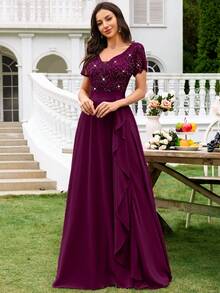 MIUSOL Deep V-Neck Contrast Sequin Lace Ruffle Trim Chiffon Formal Party Maxi Dress,Formal Evening Gown - Maroon - View 7