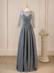 Elegante e glamour abito da sera grigio in chiffon con colletto drappeggiato senza maniche, vestito da cerimonia per la madre della sposa con scialle incluso, adatto per feste, ricevimenti, matrimoni e occasioni formali