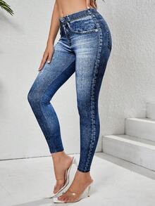 女士牛仔印花瑜伽紧身裤 - 高腰收腹提臀，透气四向弹力运动紧身裤，带假口袋（通勤、健身、休闲） - 牛仔褲 - 查看 4