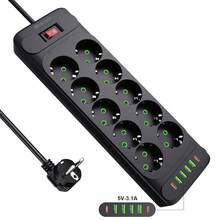 HITRENDS 1 个欧盟多插头电源板，8/10 交流电源插座，4 个 USB-A 和 2 个 Type-C 端口快速充电电源适配器，2m 延长线电源插座，电涌保护器，过压保护主控开关 10A 110-250V 2500W，黑色，白色，适用于家用电器电源板插座