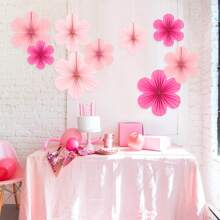 9 piezas- Decoraciones de papel, Set de 9 - Decoraciones colgantes de flores rosas, abanicos de fiesta y fondos florales para bodas, cumpleaños, decoración interior de sala de estar y dormitorio
