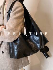 1 件加大码日常通勤单肩包，时尚大容量手提包，采用 PU 材质，磁扣设计，适合女孩、女士、大学生、年轻专业人士和办公室职员，非常适合工作、商务、通勤和上学 - 黑色 - 查看 6