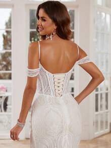 Suknie ślubne w stylu syreny z koronką, długie, z trenem, dekoltem w serek, odkryte ramiona, lśniące koronkowe suknie ślubne dla kobiet, sznurowane plecy, dopasowane koronkowe, formalne suknie wieczorowe dla panny młodej