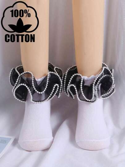 1双女童棉质蕾丝珍珠透气公主风荷叶边短袜，四季皆宜