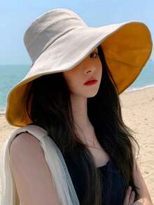 1pc Women's Large Brim Sun Hat, Reversible Bucket Hat, UV Protection, Wide Brim Foldable, Suitable For Beach, Fishing And Outdoor Activities - Multicolor - View 9