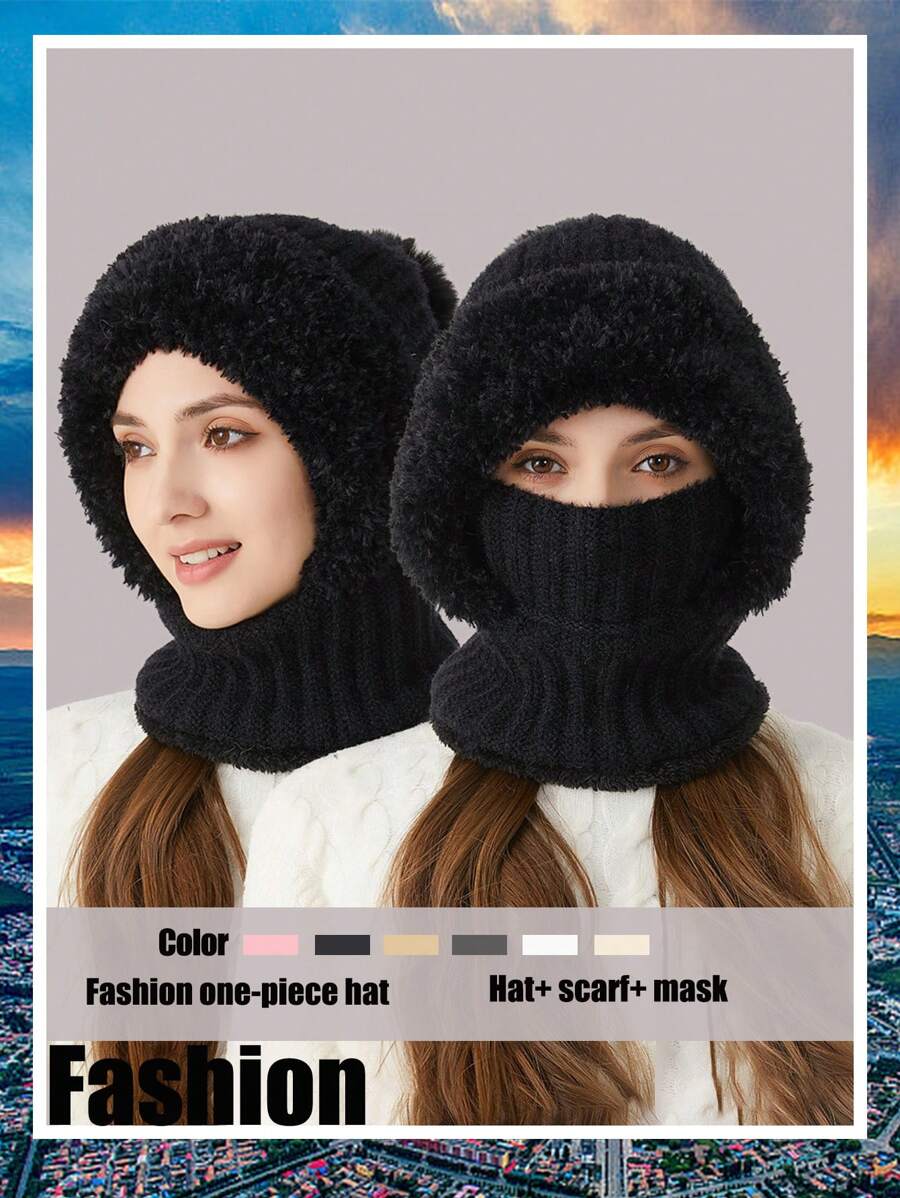 WarmthMax Thermal Lined Knit Hat - Windproof, Thermal Insulation, Earflap Protection, Hooded Neck Gaiter, Breathable, Moisture-Wicking, Outdoor Cycling Essential For Cold Weather