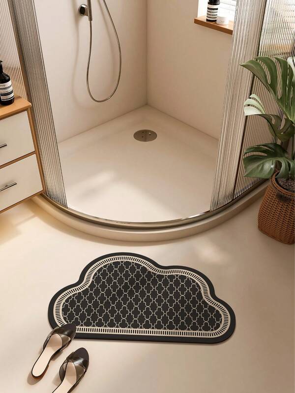 1pc Cloud Shaped Black Bathroom Mat, Rubber Non-Slip Bottom, Line European Retro Print Rug, Suitable For Decorative Carpets In Entrances Of Bathroom, Kitchen, Dining Room, Bedroom, Study Room, Etc. Kitchen Rug