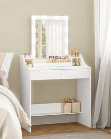 Hzuaneri Dressing Table With LED Lights, Adjustable Brightness, Vanity Table With Mirror, Dresser With 2 Drawers And 2 Open Compartments, Modern, White - White - View 3