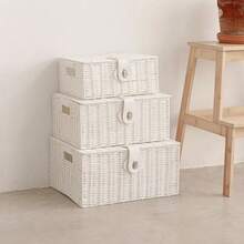 Vencier Set Of 3 Resin Woven Storage Basket Box With Lid & Lock, Black, Large, Medium, Small - Black - View 8