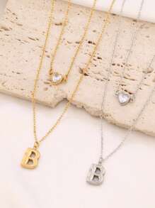1pc Stainless Steel A-Z Initial Letter Pendant Necklace For Women Fashion Heart Zirconia Charms Double Layers Chain Necklaces Jewelry