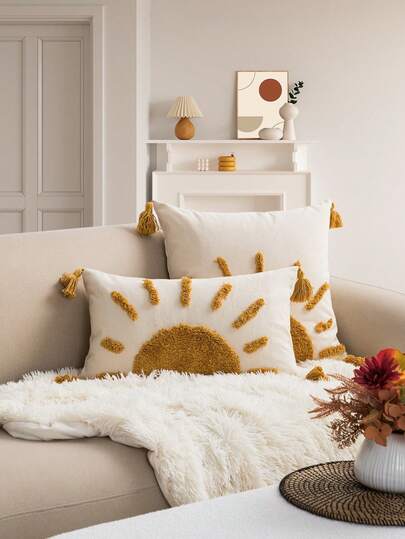 1pc/2pcs Yellow Sun Pattern Cushion Cover, Bohemian Canvas Tufted Embroidery Four Corner Tassel Decorative Pillow Case, Suitable For Bedroom, Living Room Sofa, Car Pillow, Headboard Cushion, Homestay Decor, No Fillings, 30*50cm, 45*45cm