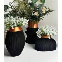 Modern Ribbed Ceramic Vase – Sleek Black & Copper Planter For Houseplants, Succulents & Home Decor – Handmade Indoor Flower Pot With Textured Finish - Black - View 8