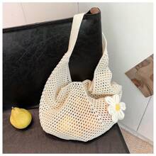 Hollow Knit Tote Bag, Large Capacity Women Handbag Beach Bag, Unlined, Polyester Fiber, Suitable For Summer Beach Leisure, Single Party Gift