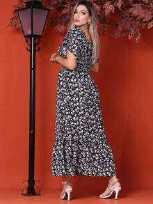 WOMEN'S LONG MIDI DRESS WITH PUFFED SLEEVES, RUFFLED, OFF-THE-SHOULDER, TRES MARIAS FLORAL - Negro mate - Ver 3