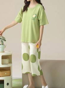 AICJ 2pcs Women & Teenage Girls Casual Cute Cartoon Cat Letter Print Pink Top, 3/4 Shorts Pants, Sleep Pants, Spring/Summer Homewear Pajama Set Suit, Party & Holiday Loungewear