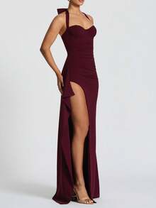 露背紧身长款派对礼服女式伴娘礼服 - 酒紅色 - 查看 2