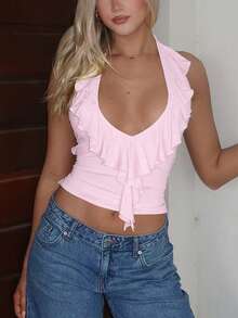 Summer Halterneck Backless Solid Color Top With Ruffle Hem - Pink - View 5