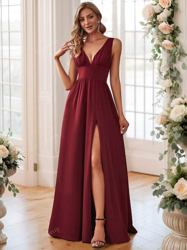 EVER-PRETTY Vestido formal de primavera con escote doble en V, cintura alta y abertura, vestido de dama de honor burdeos, vestido de invitado de boda
