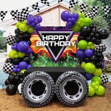 117pcs Truck Balloon Garland Arch Kit With Green Purple Black Silver And Big Wheels Racing Plaid Aluminum Film Balloons, Perfect For Birthday Party, Monster Truck Themed Party Decoration Supplies - Multicolor - View 1