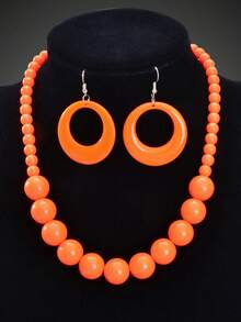 Set Perhiasan Gaya Bohemian 3 Buah yang Menarik Perhatian, Termasuk Kalung Manik Plastik dan Anting Liontin Bulat, Set Perhiasan dengan Desain yang Berlebihan - oranye - View 2