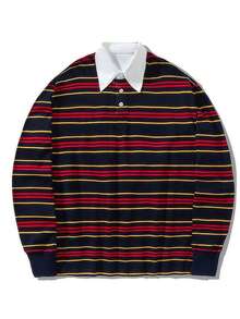 Men's Skin-Friendly Comfortable Contrast Striped Drop Shoulder Long Sleeve Casual Daily Commute Versatile Polo Shirt, Suitable For Autumn/Winter - Multicolor - View 3