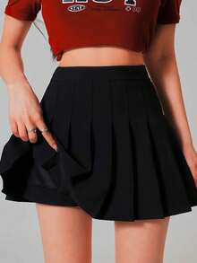 Falda plisada corta para mujer, falda mini de talle alto, falda con pliegues y cierre de cremallera,falda elegante casual de primavera/verano, falda de cintura alta para uso diario - Negro - Ver 3