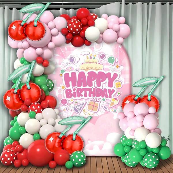 Conjunto de 118 balões arco com tema de frutas, vermelho, verde, rosa com balões metalizados de cereja, para aniversário, tema doce, aniversário, casais, despedidas de solteira, decoração de chá de panela