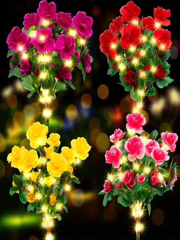 Solar Garden Lights Outdoor, 4 Packs Azalea Flower LED Pathway Lights, Plastic Semi-Flush Mount Solar-Powered Decorative Stakes, Energy-Efficient Switch Control Recessed Lighting With Shade, No Remote Control, Mother's Day Gardening Gift - Multicolor Lights