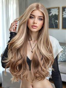 28 英寸长波浪渐变棕色合成假发中分浅金色长卷发假发适合女士日常派对角色扮演假发