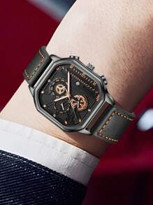 1 peça Relógio de Homem com Pulseira de Couro PU Preto, Fashionable Business Classic Mostrador Retangular Digital de Escala Quartzo, Adequado para Combinação de Roupa Diária, Presente de Férias Perfeito