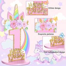 独角兽主题生日数字装饰摆件，适合1~9岁女孩，木质桌面中心装饰品，独角兽主题派对生日周年纪念装饰 - 粉色 - 查看 3