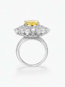 Dissoo 1pc Exclusive Design Egg-Shaped Yellow Snowflake Zirconia Encrusted 925 Sterling Silver Women's Jewelry Quality Fully Encrusted Ring, Rhodium Plated Engagement Ring With 119pcs Precision Cut Gemstone Inlay, Comes In Brand Exclusive Gift Box, Suitable For Gifting, Engagement, Daily Wear, Wedding, Party, Beach, Holidays, Music Festivals