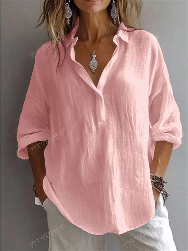 Chemise pour femme de couleur unie, manches longues évêque, col chemise, hauts réguliers quotidiens, patchwork, boutons