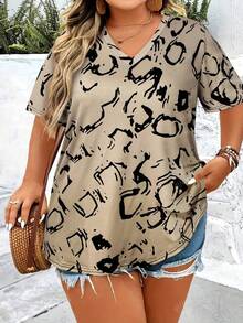 Plus Size Women V-Neck Casual Short Sleeve Graphic T-Shirt