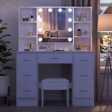 Large Vanity Table, 39.37" Makeup Vanity With Mirror And Lighting, Dressing Table With 7 Drawers, 4 Shelves, 1 Stool, 3 Color-Adjustable Makeup Mirrors, Desk Set For The Bedroom, White - 白色 - 查看 10