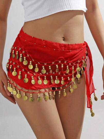 1pc Belly Dance Metallic Waist Chain, Metal Mesh Waist Skirt Belt Bodice Decor, Coin Waist Strap For Dance, Bohemian Style