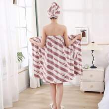 2pcs Set: Letter Striped Bathrobe + Shower Cap, Minimalist Striped Lightweight Summer Robe & Wrap, Soft, Smooth, Quick-Drying, Easy To Wear - Multicolor - View 8