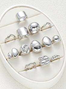 13pcs/14pcs Simple Exaggerated Wide Face Geometric Chunky Jewelry Ring Set, Vacation, Occasion, Gift, Casual Wear For Women