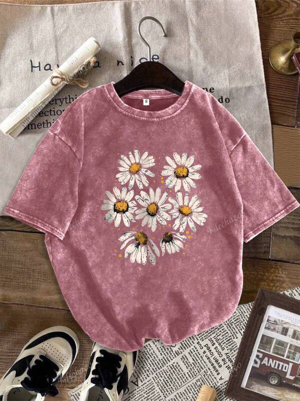 Women Daisy Flower Print Round Neck Short Sleeve Casual T-Shirt