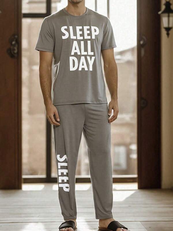 Men's Lightweight Gray Letter Print Short Sleeve & Pants Casual Comfortable Pajama Set, Summer