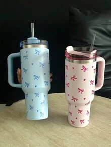 1 件 40 盎司-14 盎司不锈钢真空隔热旅行杯，带手柄、心形和蝴蝶结装饰，大容量保温/保冷杯，适用于汽车、学校、办公室、户外、健身房、家庭、女性和青少年礼物、节日礼物、生日礼物（带吸管） - 彩色 - 查看 5