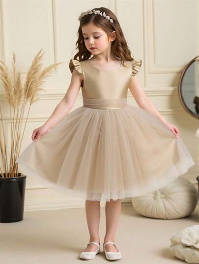 女童优雅素色网缎连衣裙，简约设计适合表演、主持、走秀，不含配饰