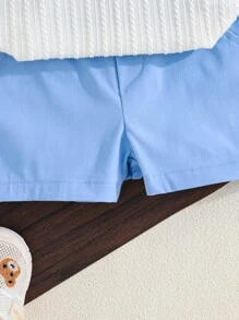 Set de 2 piezas: Camisa polo con bordado de oso y cuello, y shorts cómodos para niño bebé, conjunto de estilo británico